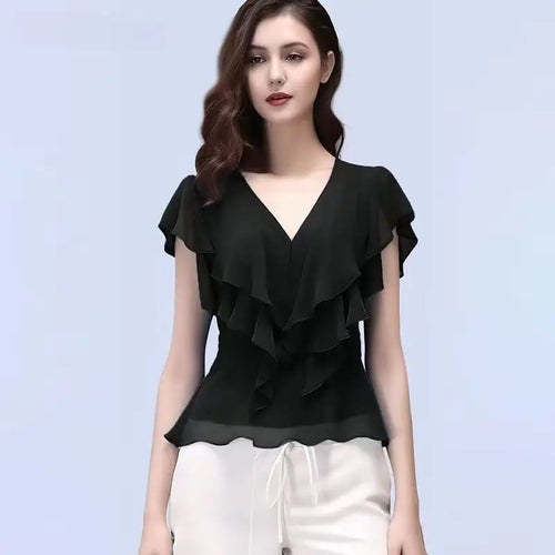 2026 New Fashion Women Chiffon Shirt Butterfly Sleeve Casual Tops Slim Solid Color V Neck Ruffles Blouse