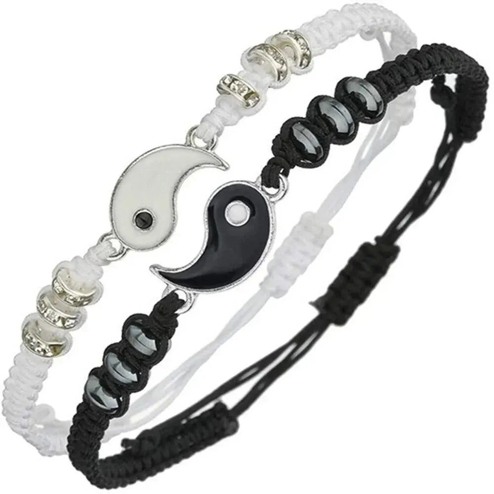 2 PC Tai Chi Couple Bracelet Set – Adjustable Black & White Rope Yin Yang Jewelry