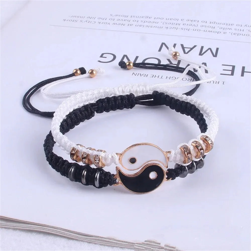 2 PC Tai Chi Couple Bracelet Set – Adjustable Black & White Rope Yin Yang Jewelry