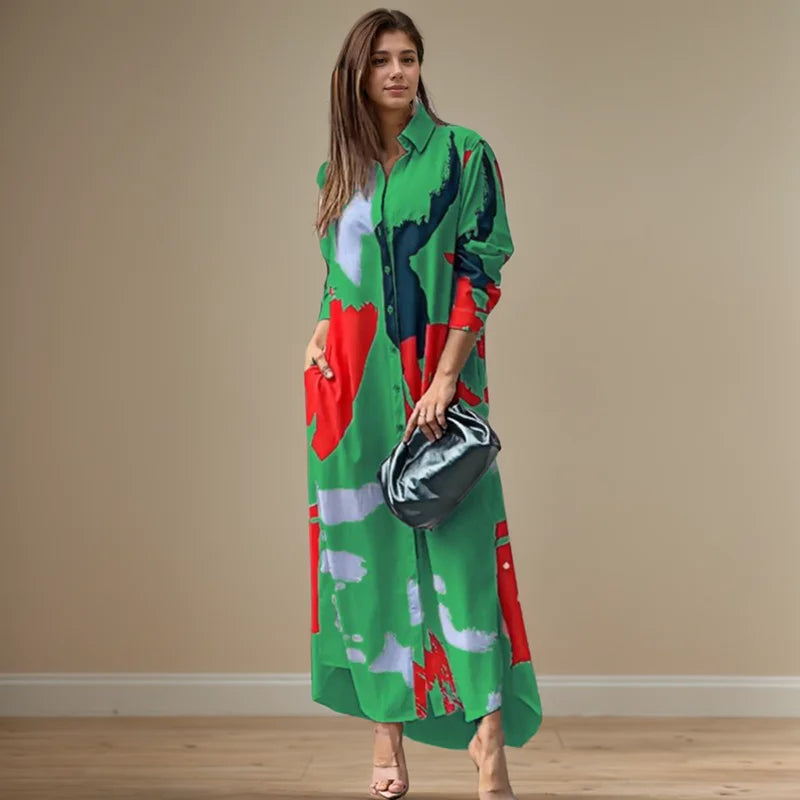 Fashion Sexy Side Split Turn Down Collar Shirt Long Dress Elegant Temperament Printed Long Sleeve Pocket Single Breasted Dress