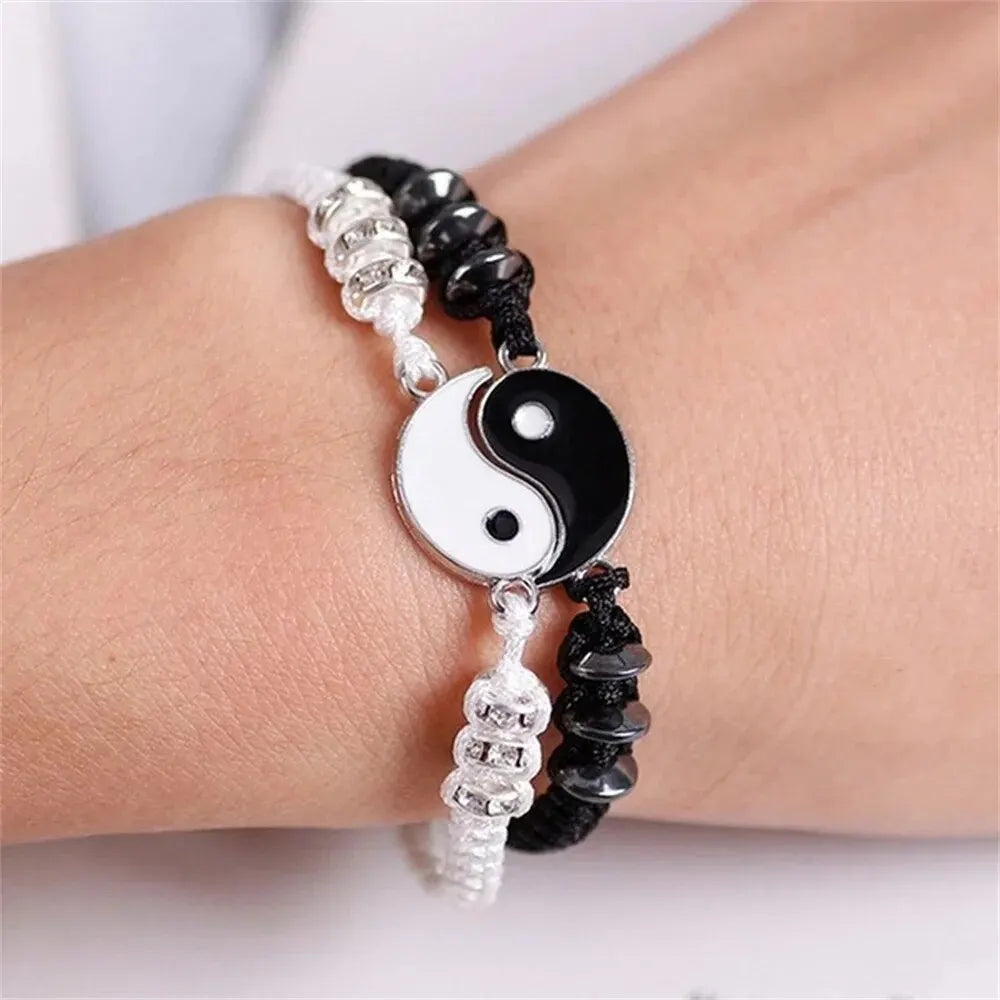 2 PC Tai Chi Couple Bracelet Set – Adjustable Black & White Rope Yin Yang Jewelry