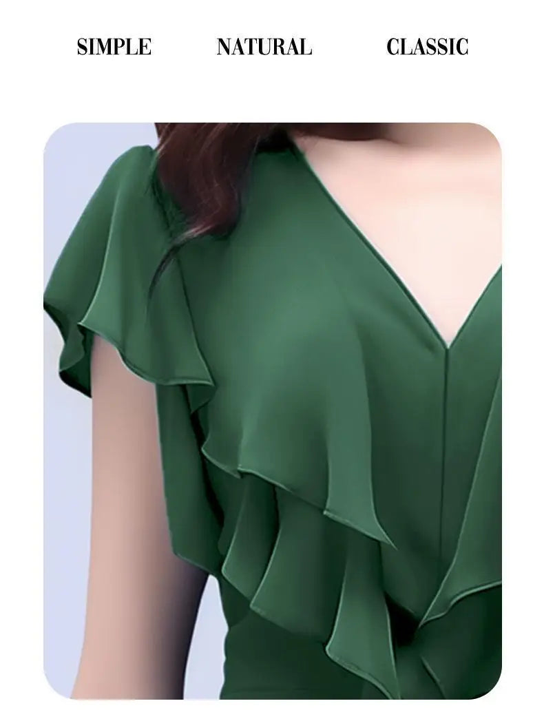 2026 New Fashion Women Chiffon Shirt Butterfly Sleeve Casual Tops Slim Solid Color V Neck Ruffles Blouse
