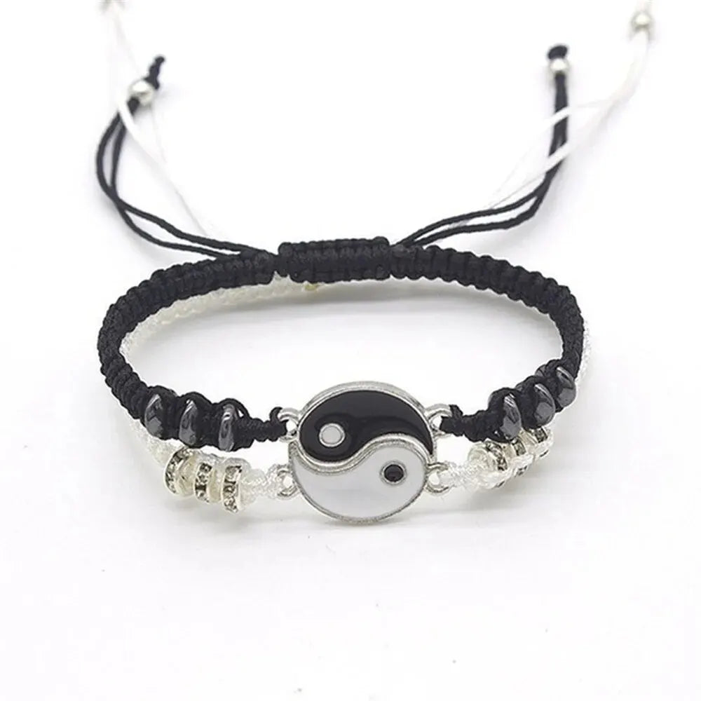 2 PC Tai Chi Couple Bracelet Set – Adjustable Black & White Rope Yin Yang Jewelry